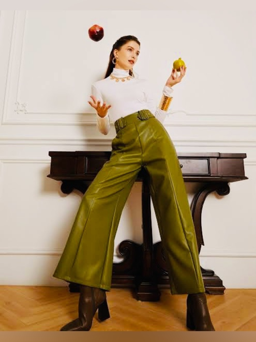 NEW High-Waist Wide-Leg Olive Green Leather Pants